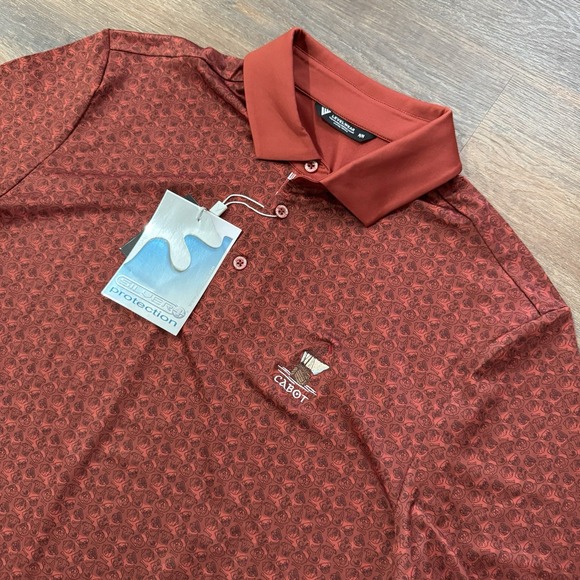 NWT Levelwear Golf Polo Red Dog Print AOP Cabot Golf Club Men's Sz M Cape Breton